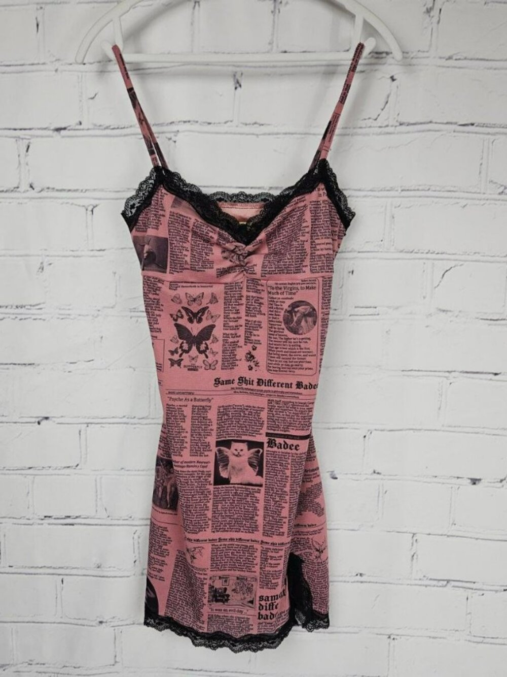 Badée Same Shi* Different Badée Pink Newspaper Slip Dress Womens S Bodycon Y2K